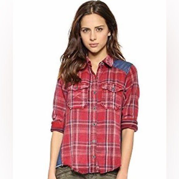 Free People Flannel Denim Button Down Shirt - Picture 1 of 10